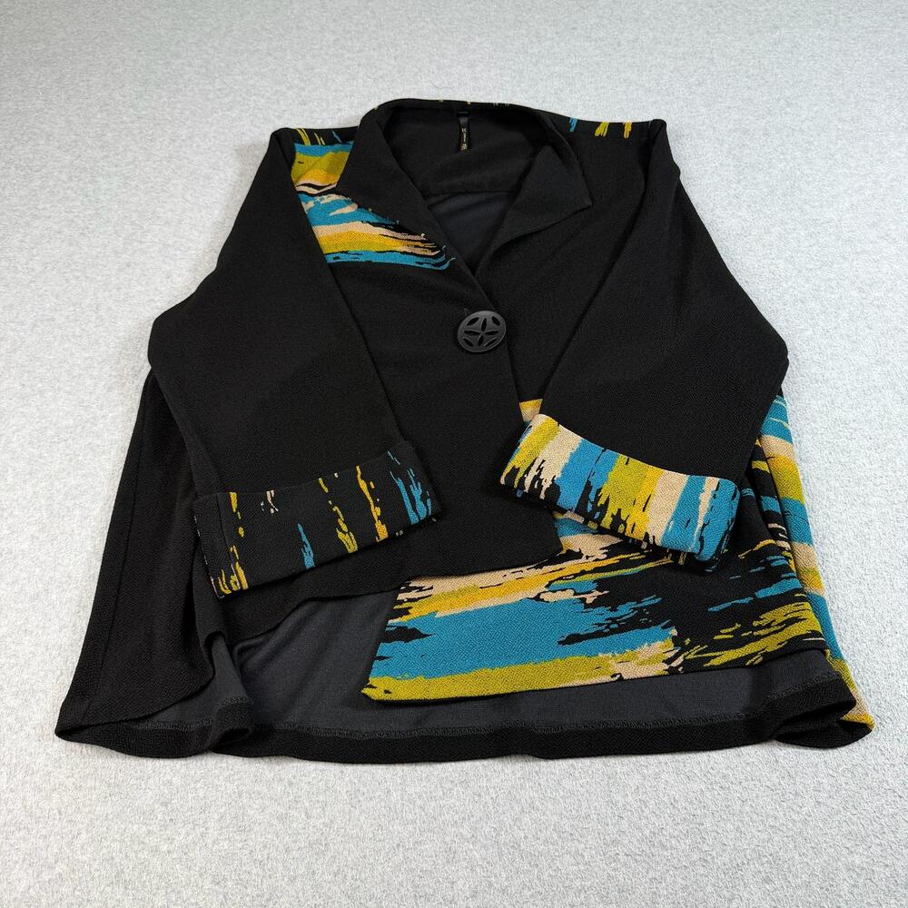 IC By Connie K Jacket Womens 1X Black Abstract Knit Button 3/4 Sleeve Made USA